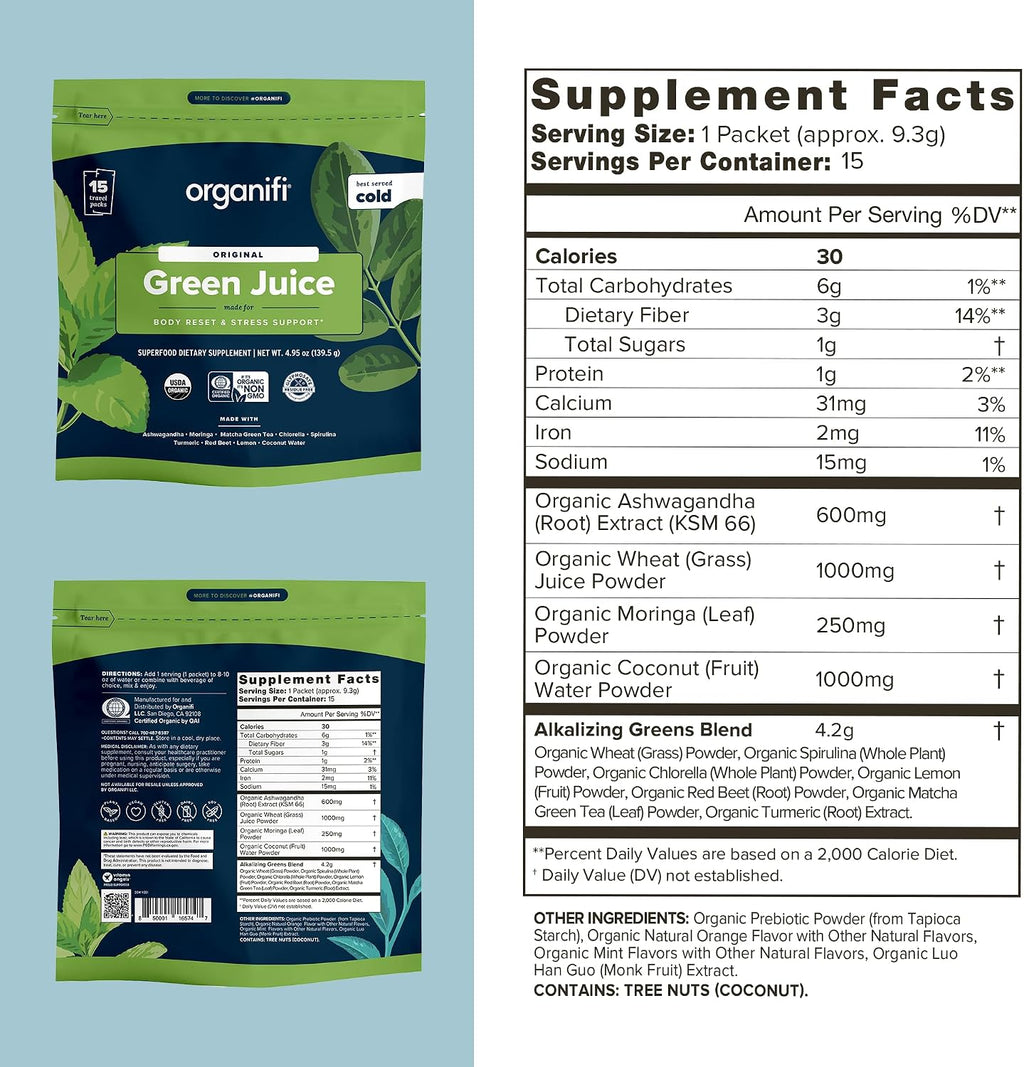 Organifi GO Packs - Green Juice - Mezcla Orgánica de Superalimentos Verdes - 15 Paquetes de Viaje