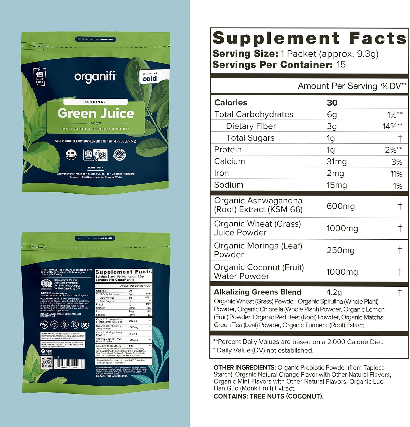 Organifi GO Packs - Green Juice - Mezcla Orgánica de Superalimentos Verdes - 15 Paquetes de Viaje