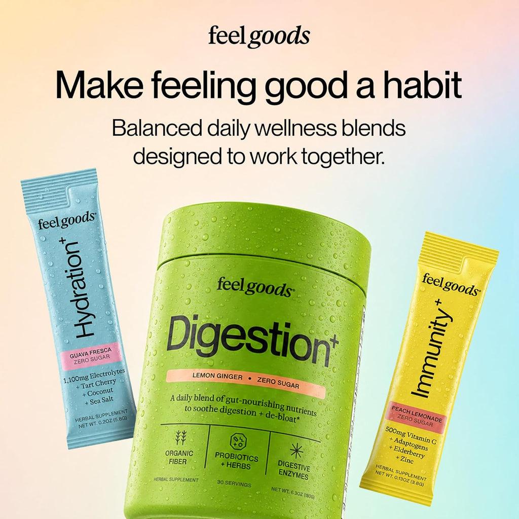 Feel Goods Immunity+ - Mezcla de apoyo inmunológico con vitamina C, hierbas orgánicas y adaptógenos - 15 sobres sabor Limonada de Melocotón