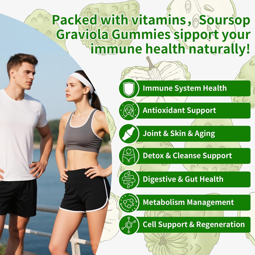 Pureverve Gominolas de Graviola Soursop - Extracto de Hojas con Musgo Marino y Zinc - Sin Azúcar, Vegano - 60 unidades