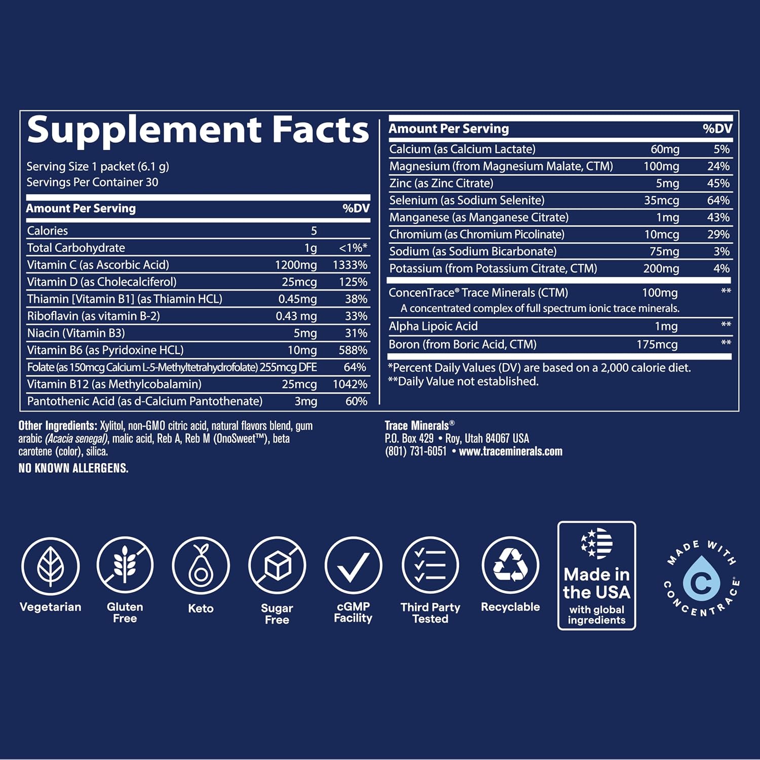 Trace Minerals Power Pak Multivitamínico y Multimineral - Sobres de 1200 mg Vitamina C con 70+ Minerales Traza - Sin Azúcar - Sabor Cítrico - 30 Sobres