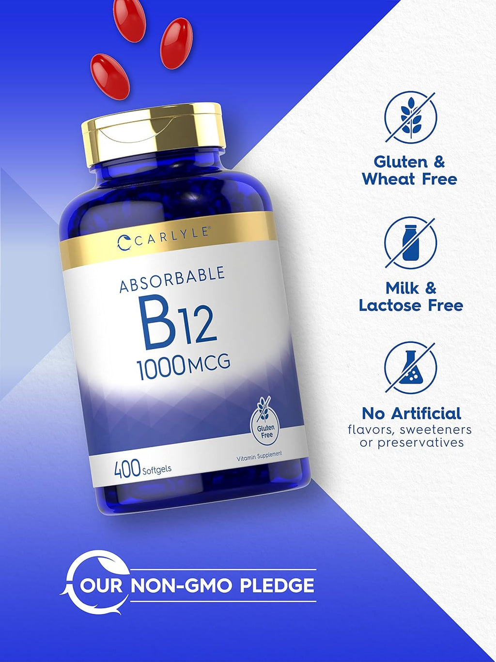 Carlyle Vitamina B12 1000 mcg Absorbible | 400 Cápsulas Blandas | Sin Gluten y No-GMO