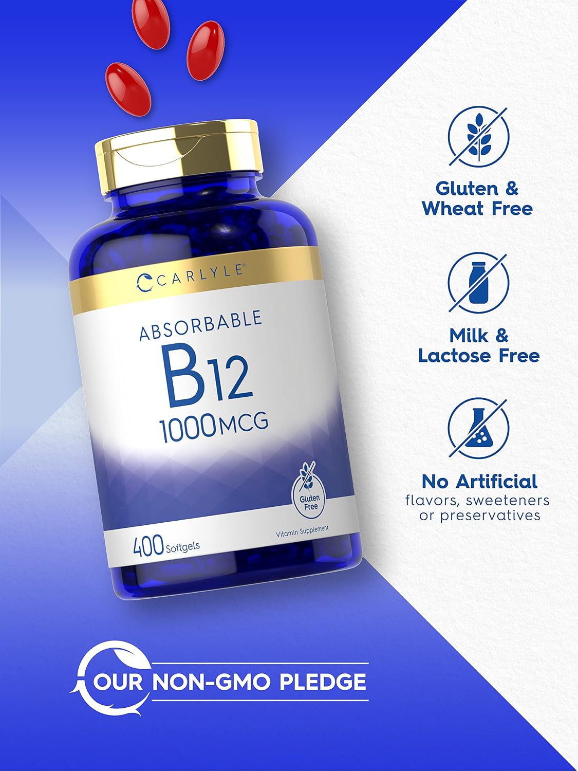 Carlyle Vitamina B12 1000 mcg Absorbible | 400 Cápsulas Blandas | Sin Gluten y No-GMO