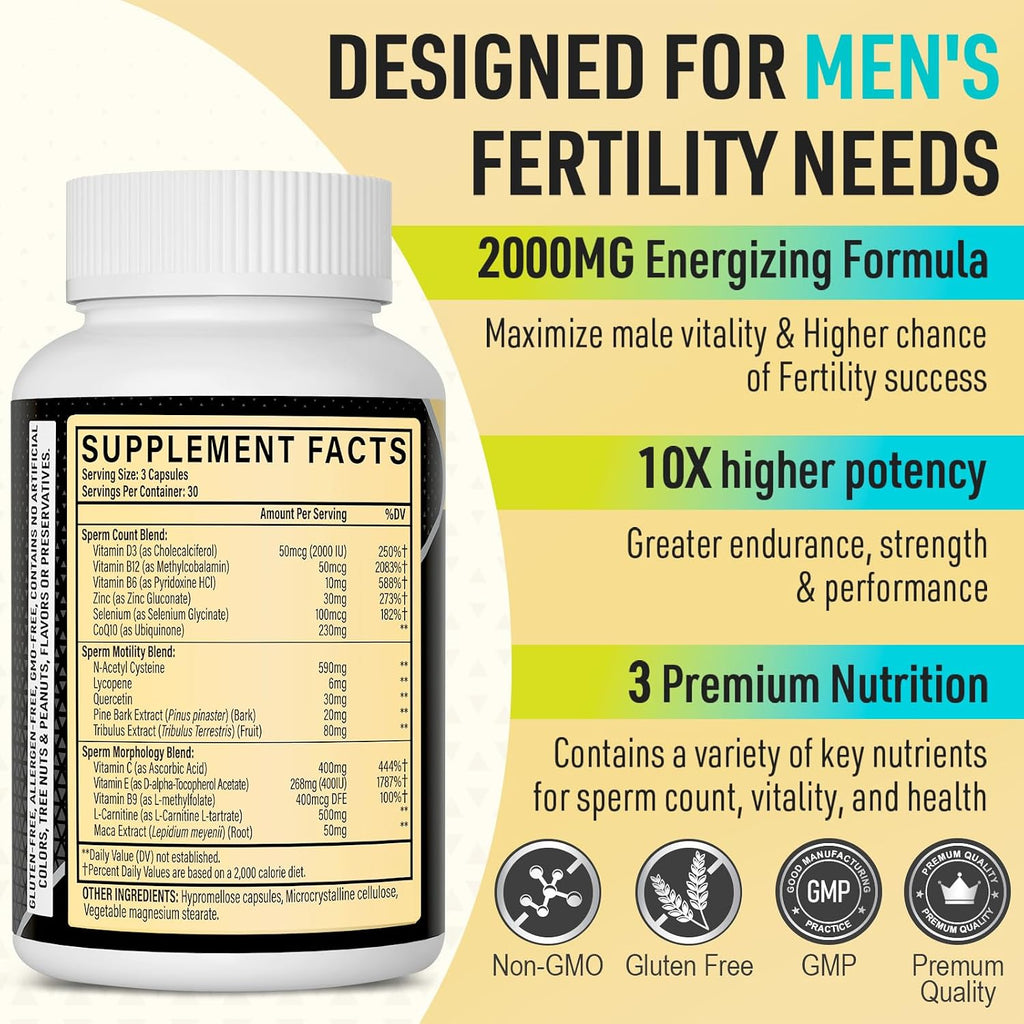 Neusupp Suplemento de Fertilidad Masculina - Vitaminas Prenatales para Hombres con CoQ10, Maca, Zinc, NAC y Folato - 90 Cápsulas