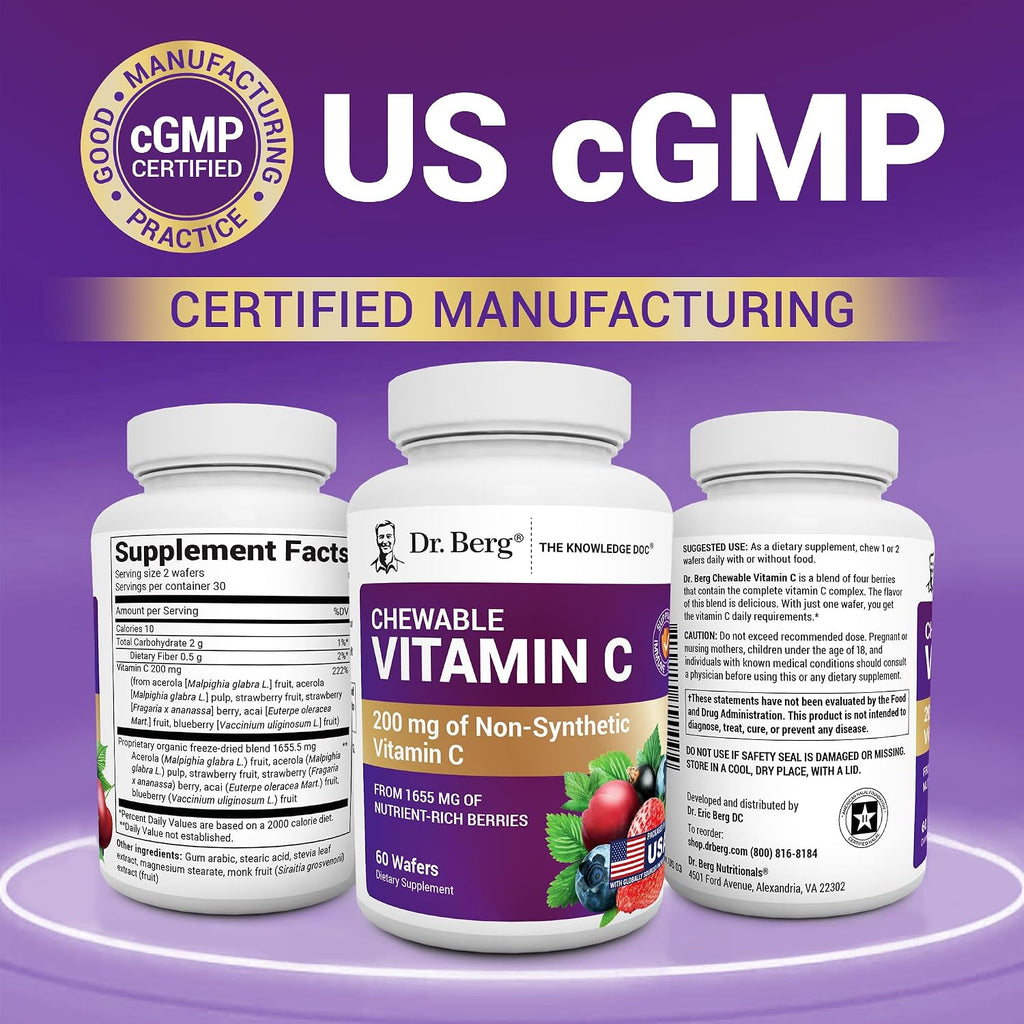 Dr. Berg Complejo de Vitamina C Masticable - Elaborado con Bayas Orgánicas No-GMO - 60 Deliciosas Pastillas