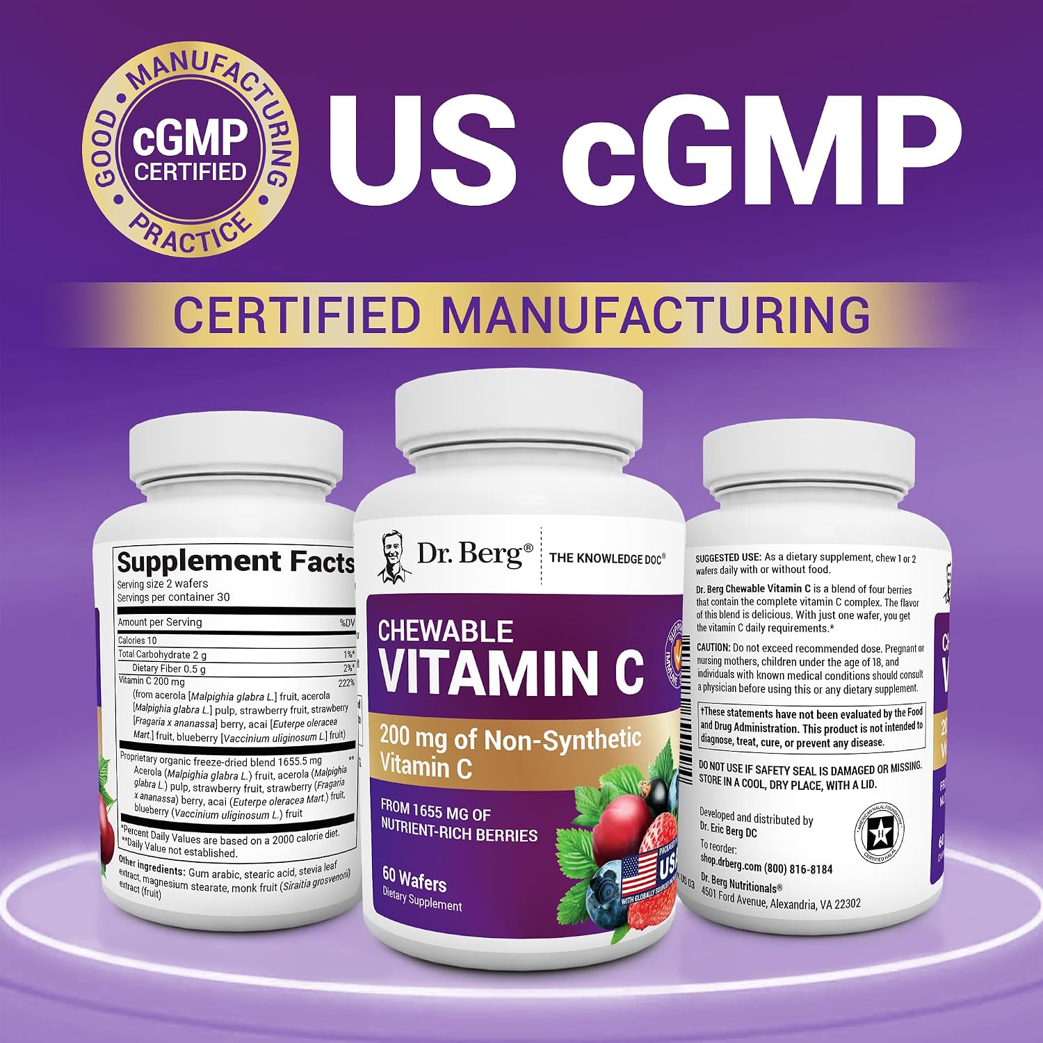 Dr. Berg Complejo de Vitamina C Masticable - Elaborado con Bayas Orgánicas No-GMO - 60 Deliciosas Pastillas