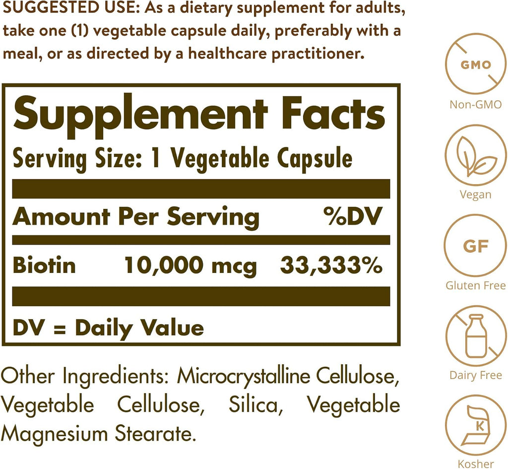 Solgar Biotin 10000 mcg Vegetable Capsules - High Potency - Vegan, Gluten Free - 120 Capsules