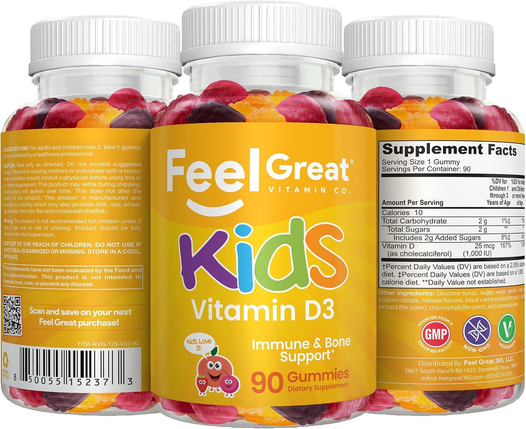 Feel Great Kids Vitamina D3 1000 UI – Gominolas de vitamina D para niños