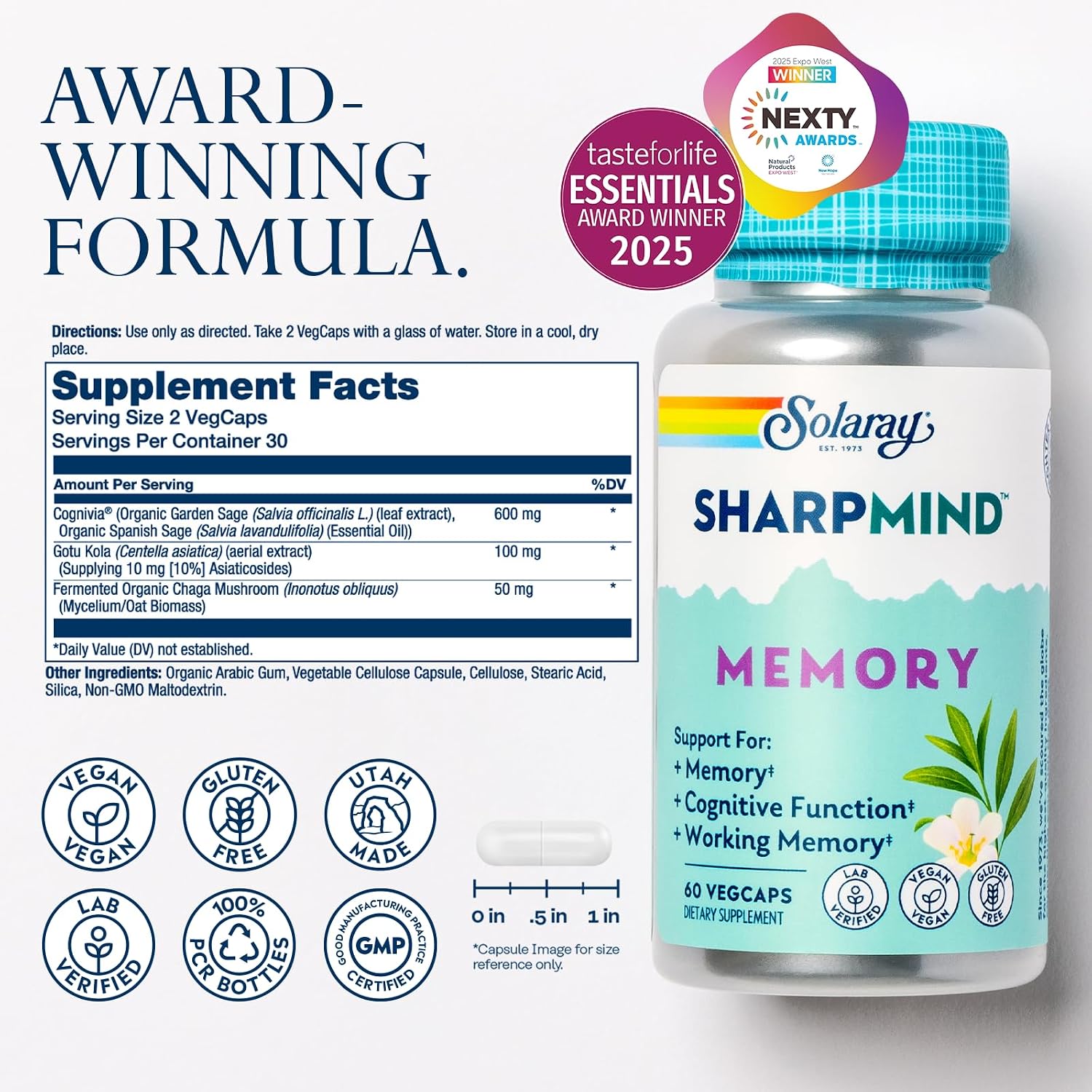 SOLARAY SharpMind Memory Formula - Complemento para la Memoria y Concentración - 60 cápsulas veganas