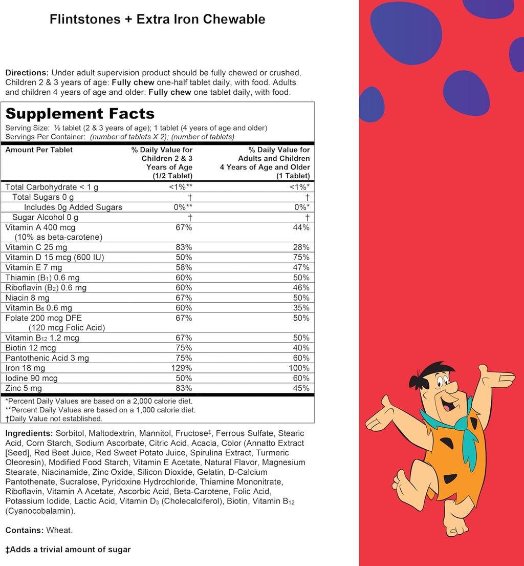 Flintstones Multivitamínico Masticable para Niños con Vitamina C, D, B12 y Hierro, 90 Comprimidos