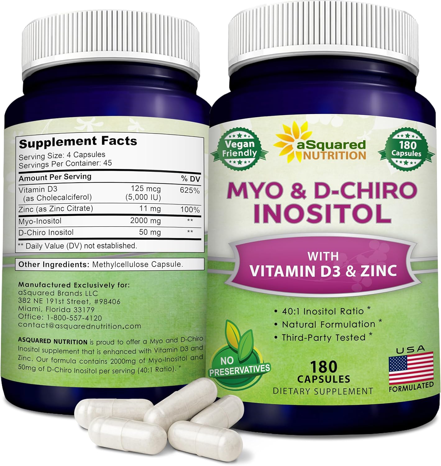 aSquared Nutrition Myo-Inositol & D-Chiro Inositol 40:1 con Vitamina D3 y Zinc - 180 Cápsulas