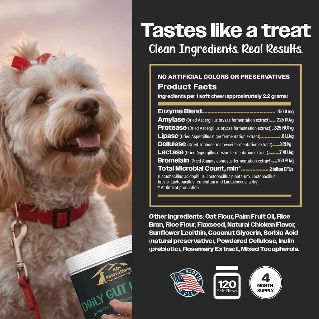 K9-Innovations Probióticos para Perros - Salud Digestiva e Inmunitaria, 2 Billones de UFC, Enzimas + Probióticos, Sabor Pollo, 120 Masticables