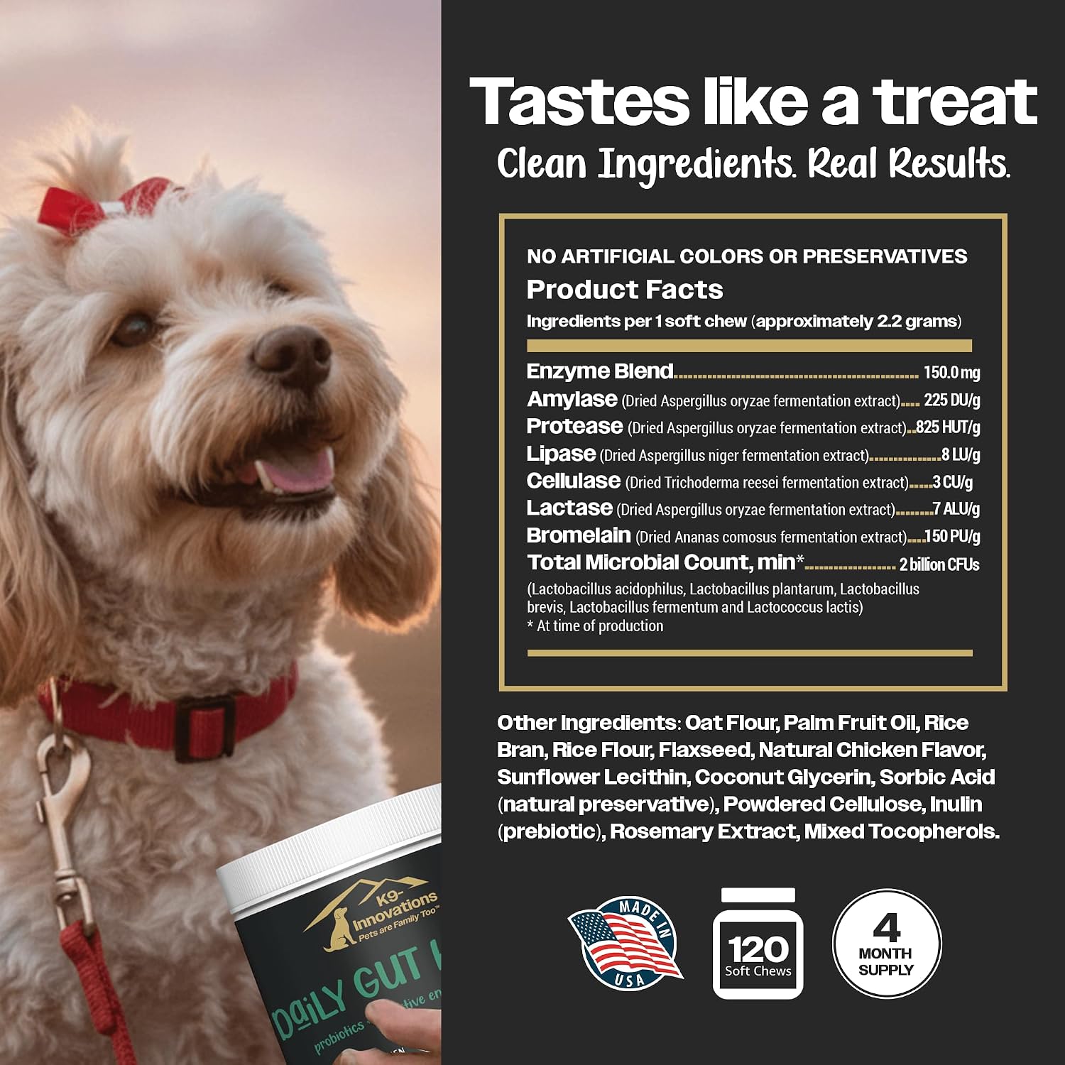 K9-Innovations Probióticos para Perros - Salud Digestiva e Inmunitaria, 2 Billones de UFC, Enzimas + Probióticos, Sabor Pollo, 120 Masticables