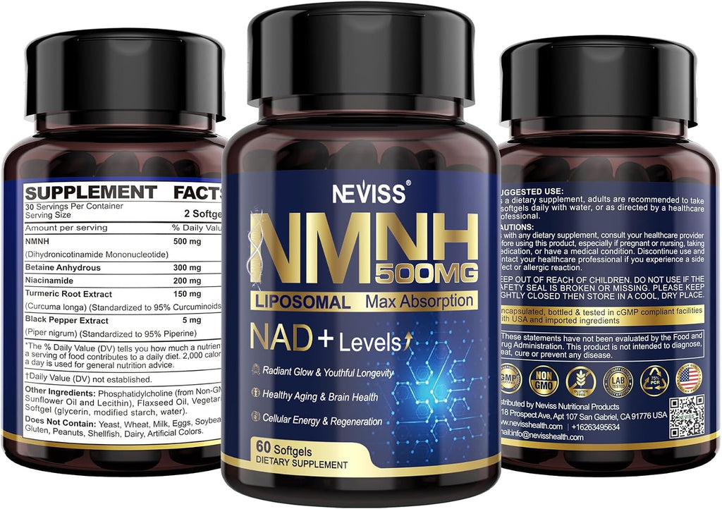2Pack Suplemento NAD+ con NMNH Liposomal 500mg, Niacinamida y Curcumina - 120 Cápsulas Blandas