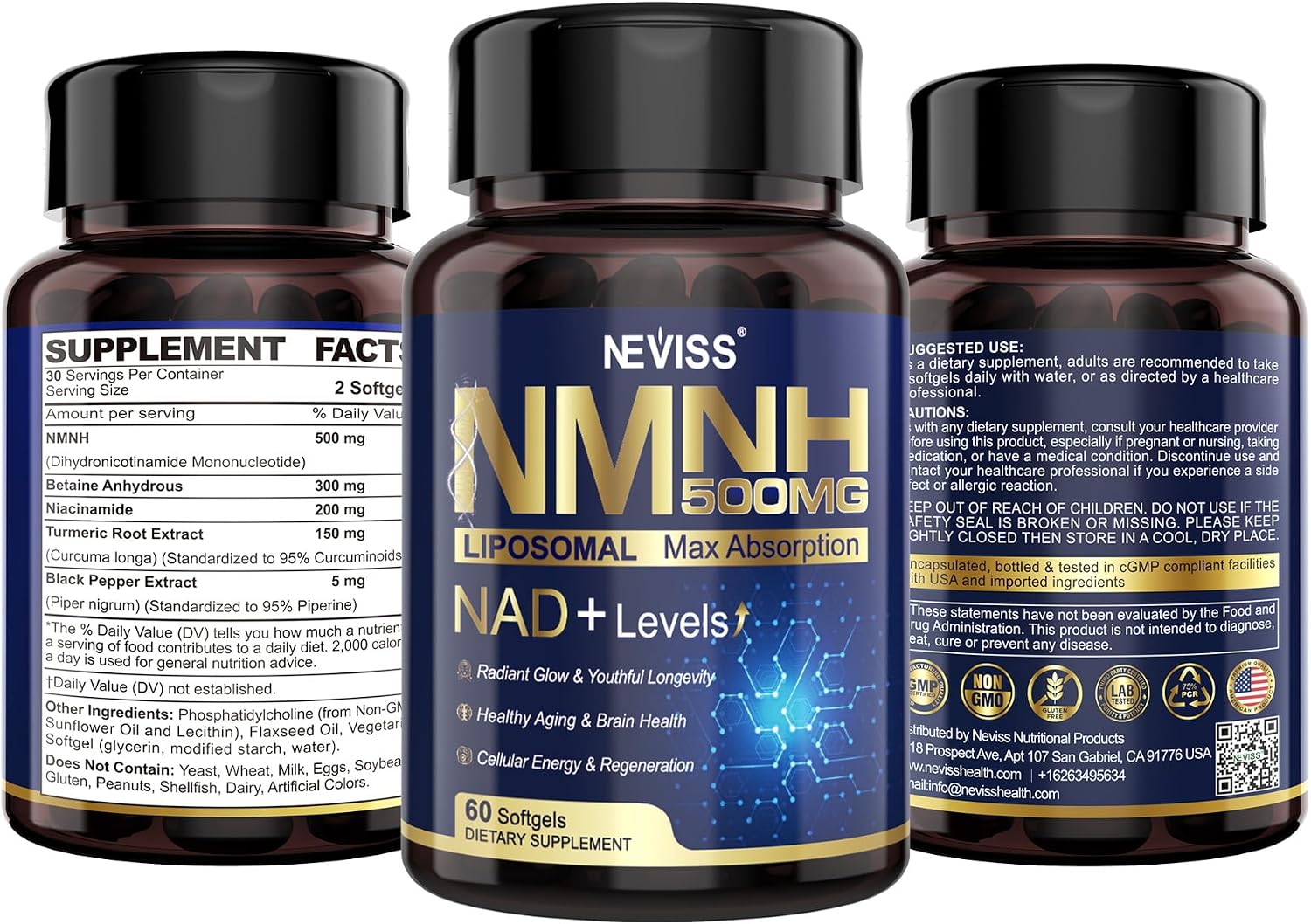 2Pack Suplemento NAD+ con NMNH Liposomal 500mg, Niacinamida y Curcumina - 120 Cápsulas Blandas