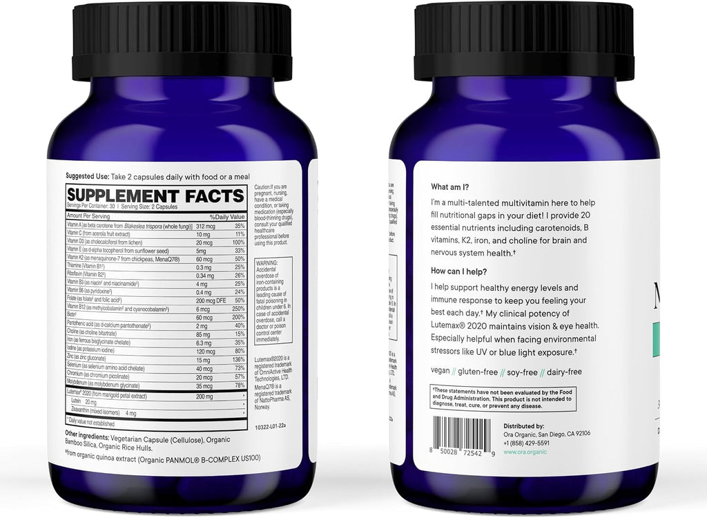 Ora Organic Modern Multi Multivitamínico Vegetal para Mujeres y Hombres, Protección Luz Azul – Apoyo para Cerebro, Ojos, Energía, Inmunidad, Piel, Cabello, Corazón y Huesos, 60 Cápsulas Veganas