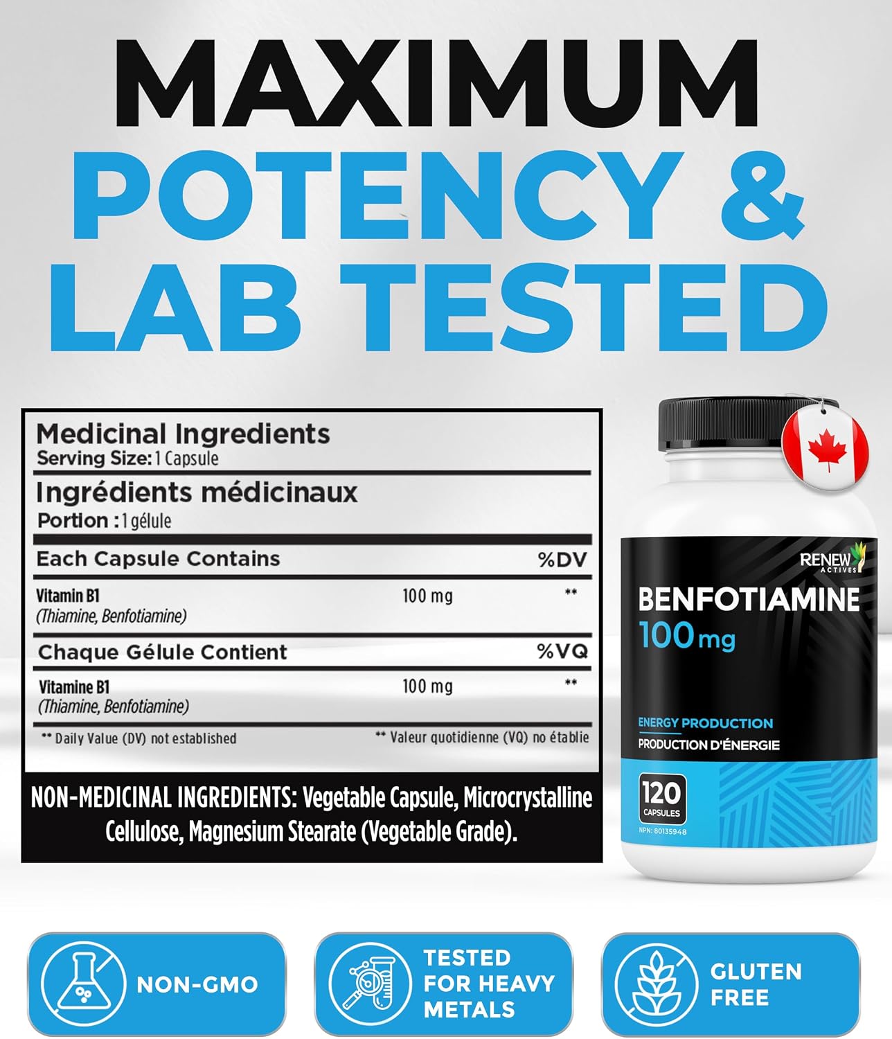 Renew Actives Benfotiamina 100 mg – Apoya la producción de energía y el bienestar general – Vegano, No transgénico, Sin gluten – 120 cápsulas