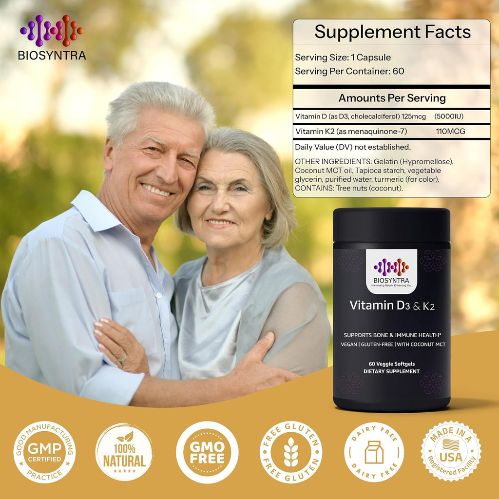 Biosyntra Vitamina D3+K2 con Aceite de Coco - 5000 UI D3 y 110 mcg K2 MK-7, Vegano, No GMO, 60 Cápsulas Blandas