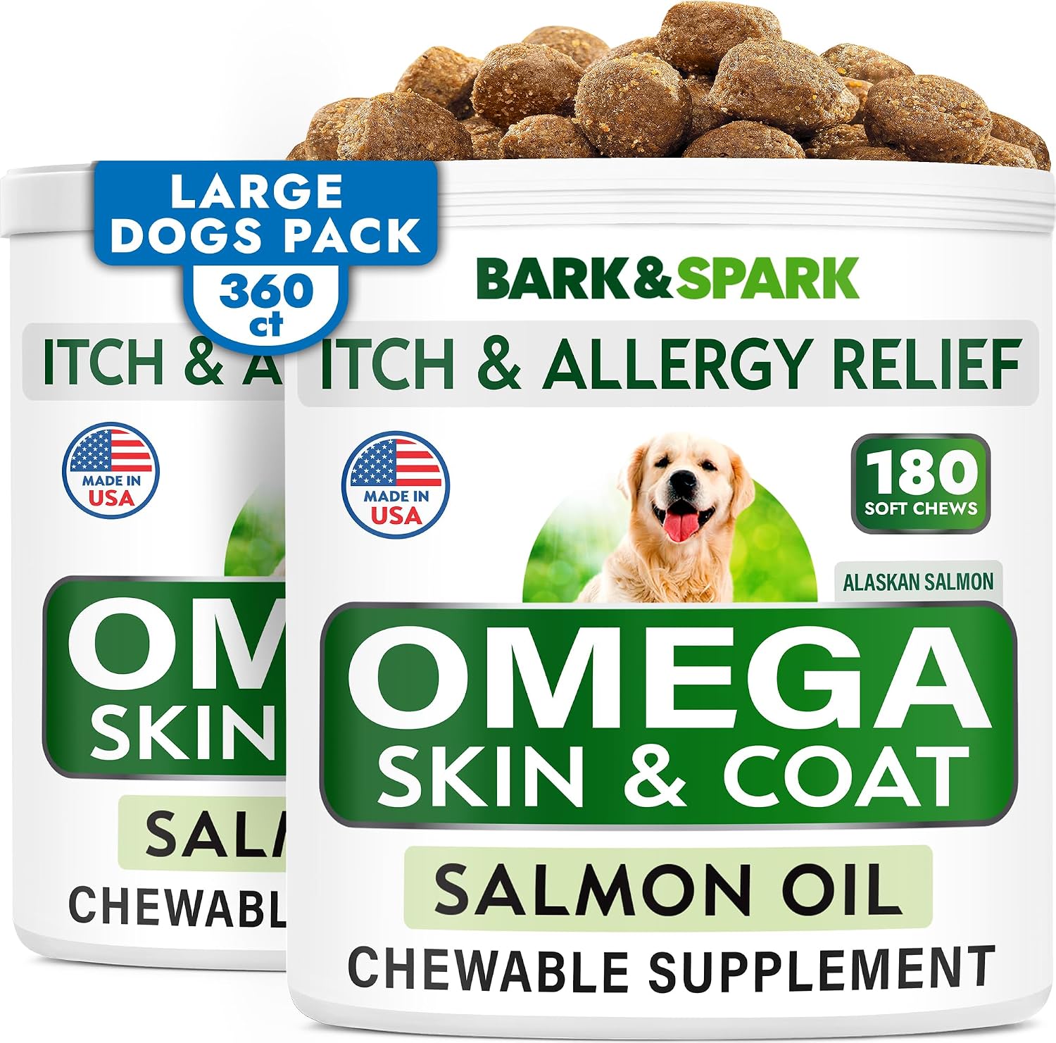 BARK&SPARK Omega 3 para Perros - 360 Golosinas de Aceite de Salmón con EPA y DHA
