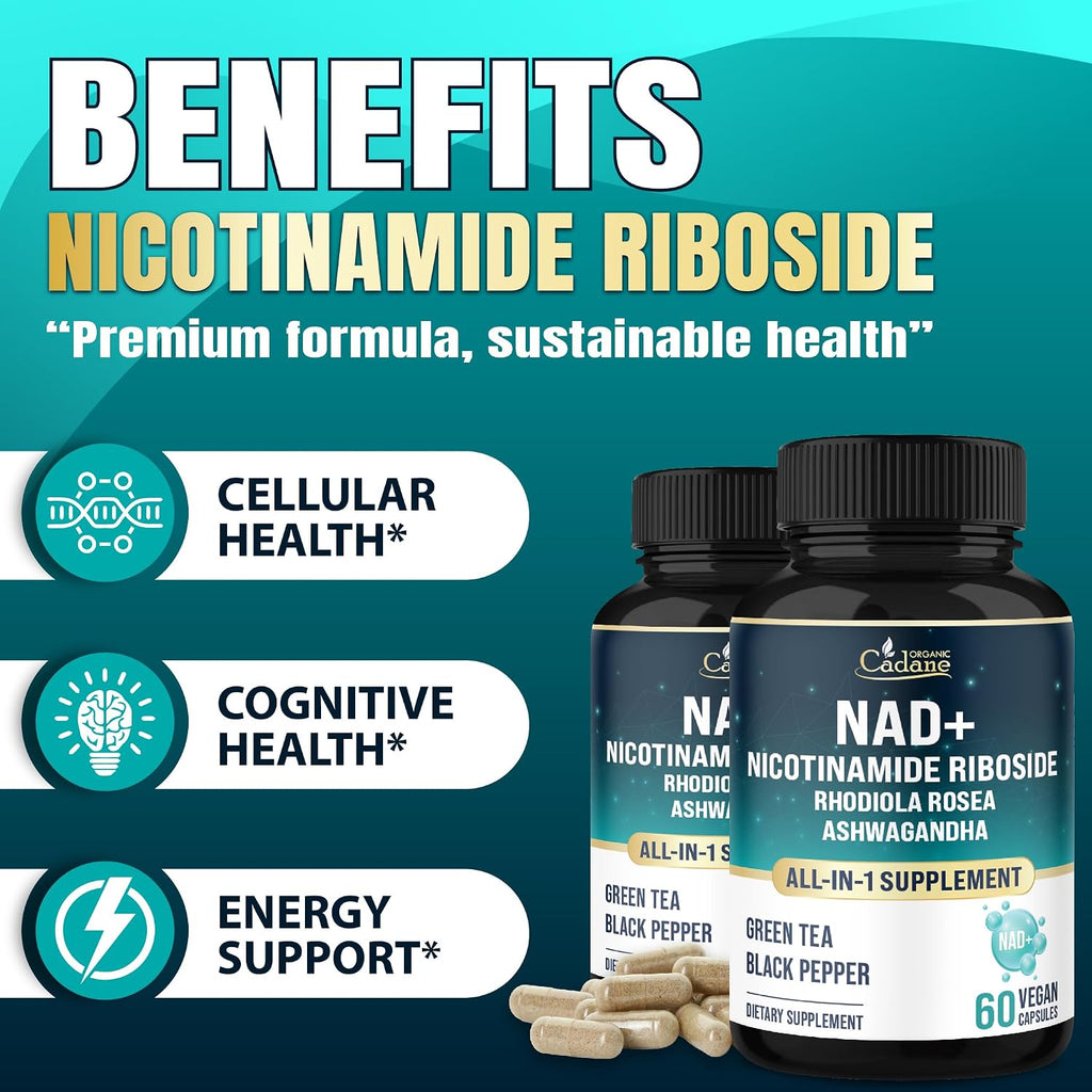 Organic Cadane Suplemento de Nicotinamida Ribósido con Rhodiola Rosea, Ashwagandha, Té Verde y Más | Salud Celular y Vitalidad | Vegano, No OGM – 60 Cápsulas