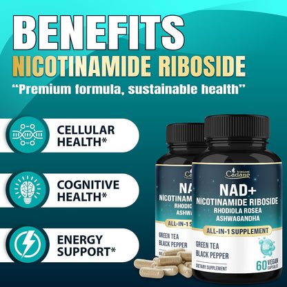 Organic Cadane Suplemento de Nicotinamida Ribósido con Rhodiola Rosea, Ashwagandha, Té Verde y Más | Salud Celular y Vitalidad | Vegano, No OGM – 60 Cápsulas