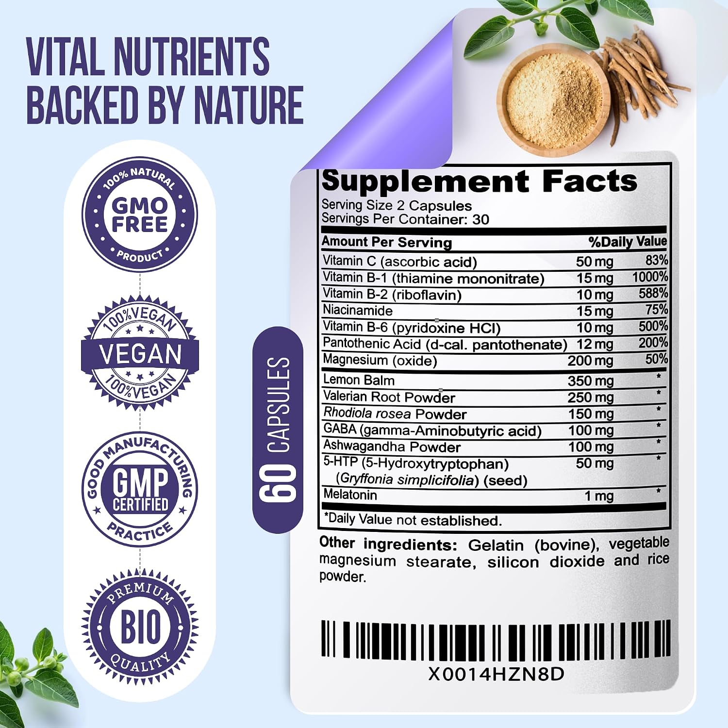 Nature's Nectar Suplemento para el Estrés y la Ansiedad – Cápsulas Keep Calm con Ashwagandha, GABA, Magnesio y 5-HTP – 60 Cápsulas