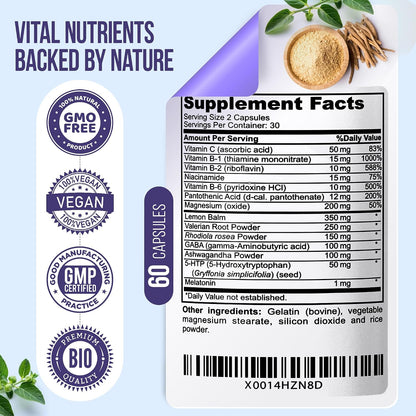 Nature's Nectar Suplemento para el Estrés y la Ansiedad – Cápsulas Keep Calm con Ashwagandha, GABA, Magnesio y 5-HTP – 60 – Image 2