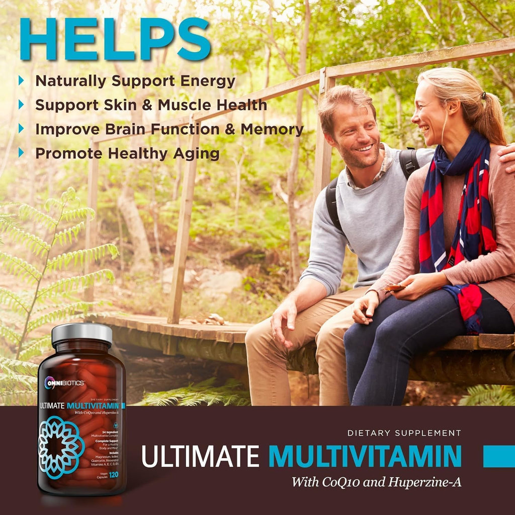 OmniBiotics Multivitamínico Diario Definitivo para Mujeres y Hombres – 34 Ingredientes Esenciales Incluyendo Vitaminas A, C, D, E, B6, B12, Biotina, Zinc – 120 Cápsulas Veganas