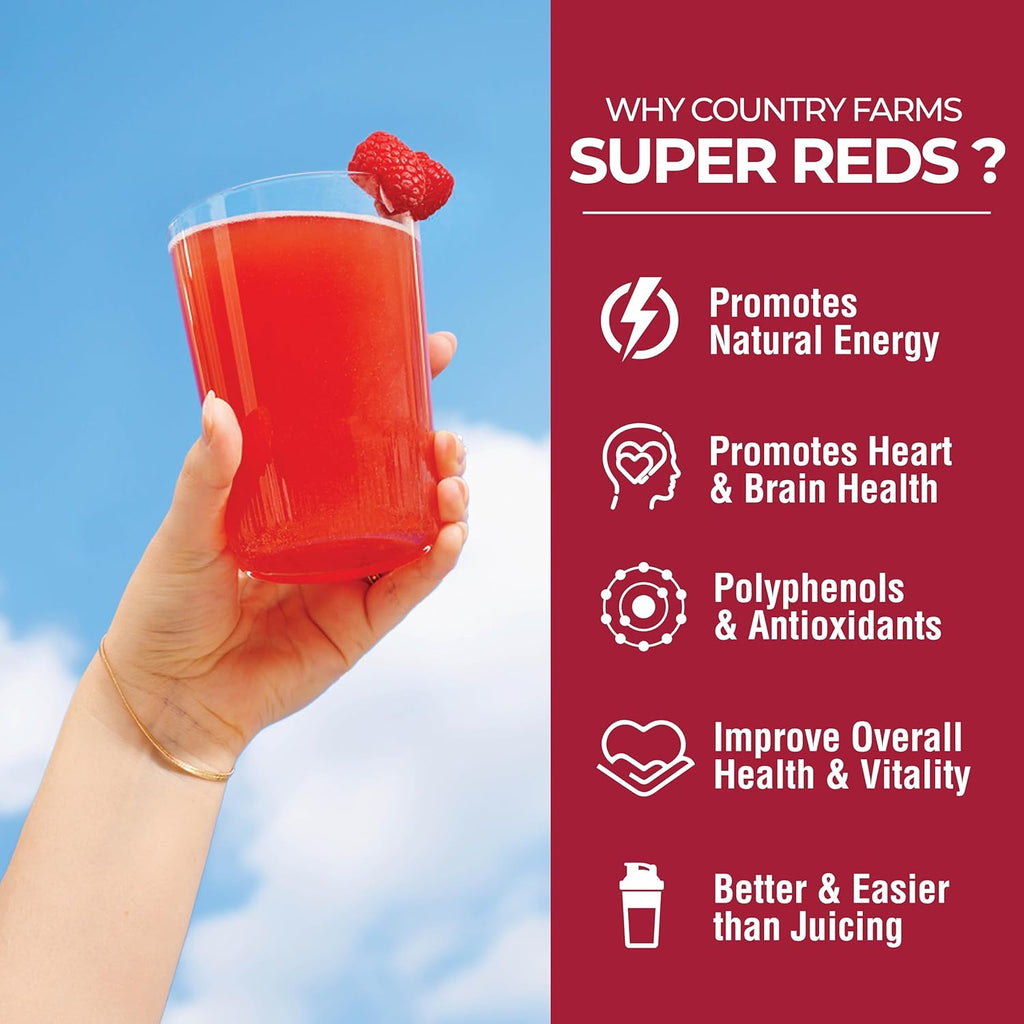 COUNTRY FARMS Super Reds - Superalimento en Polvo, 48 Frutas y Bayas, Antioxidantes, 20 Porciones, Sabor a Bayas Mixtas
