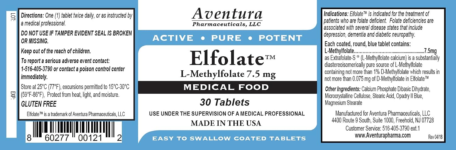 ELFOLATE® 7.5mg L-Metilfolato (5-MTHF) - 3 Envases, 90 Comprimidos - Suplemento Alimenticio Médico