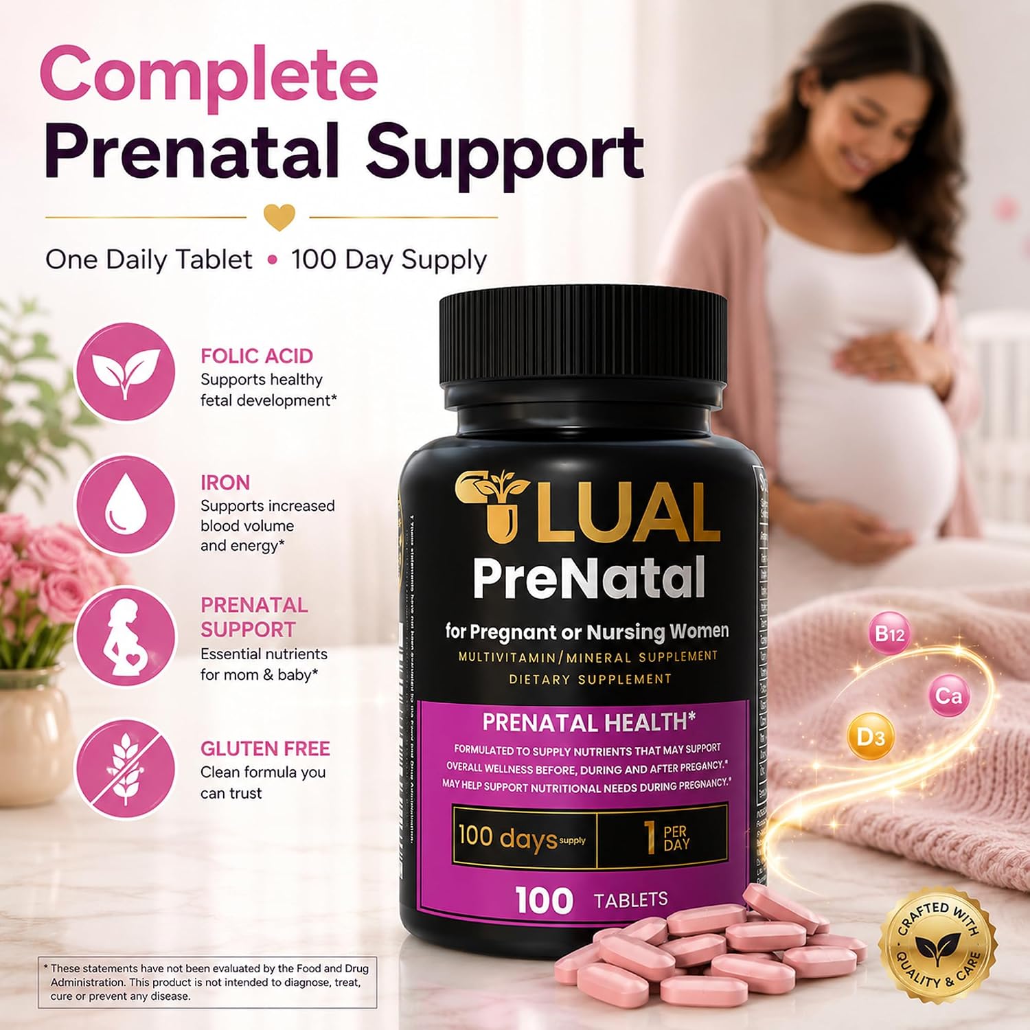 LUAL Multivitamínico Prenatal con Ácido Fólico y Hierro | 100 Comprimidos