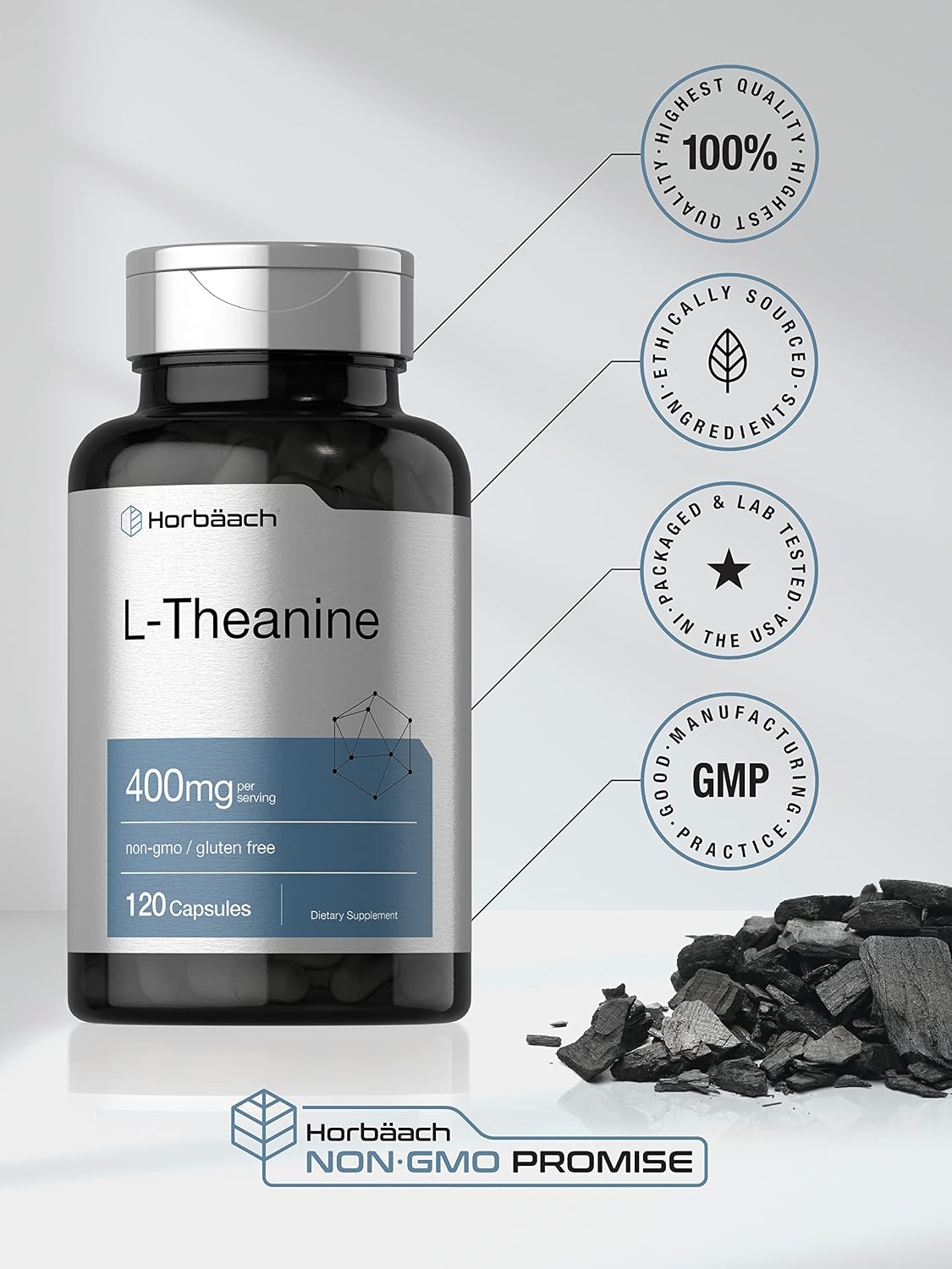 Horbäach L-Teanina 400mg 120 Cápsulas | No-GMO y Sin Gluten