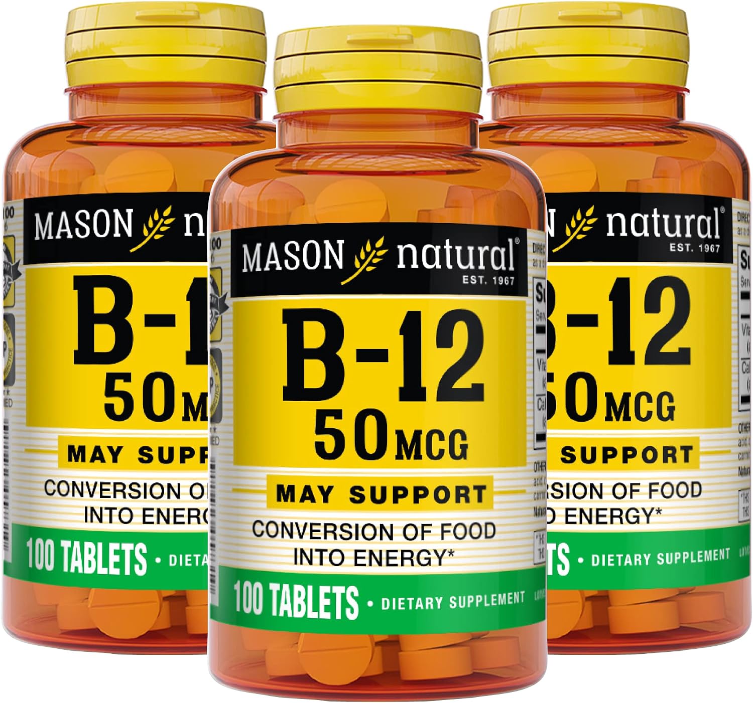MASON NATURAL Vitamina B12 50 mcg con Calcio, 300 Comprimidos (Pack de 3)