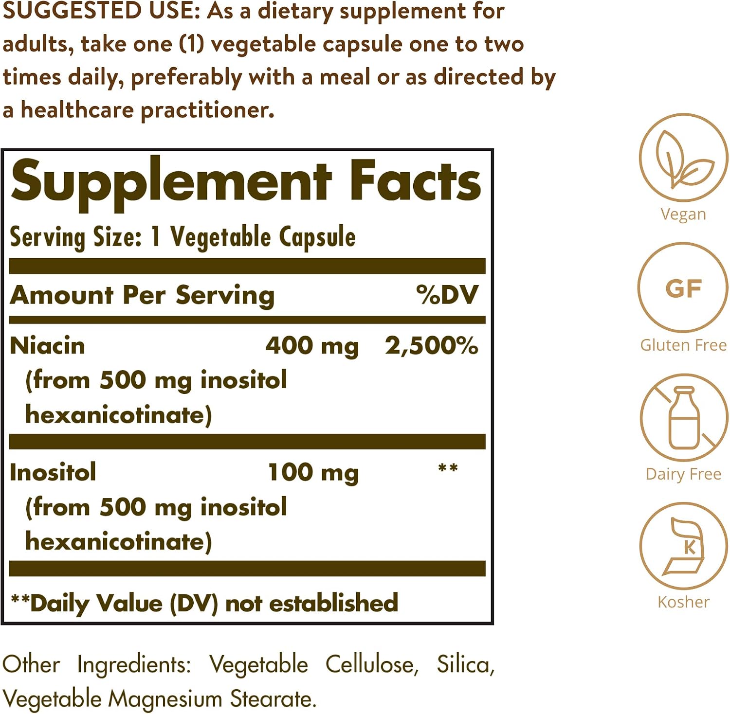 Solgar No-Flush Niacin 500 mg, 250 Vegetable Capsules - No Flushing