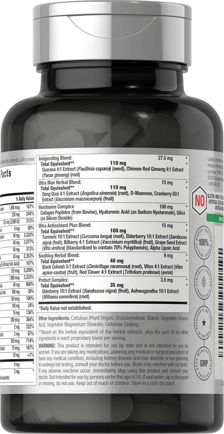 Horbäach Multivitamínico para Hombres 50+ | 60 Comprimidos | Fórmula Avanzada con Calcio, Magnesio, Vitaminas A, B, C, D y E | Sin Gluten y No-GMO