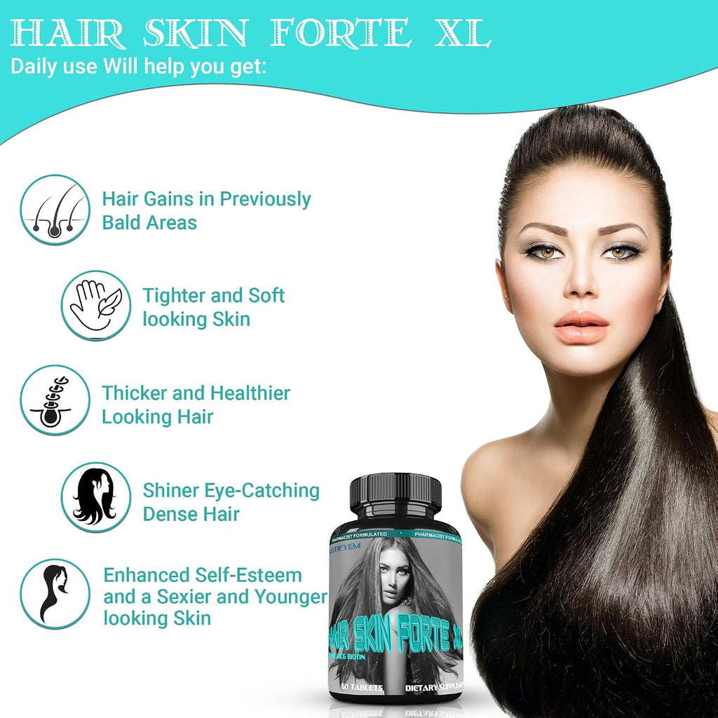 Hair Skin Forte XL - Complejo de Crecimiento para Cabello y Piel con 10.000 mcg de Biotina + Péptidos de Colágeno, 60 Comprimidos