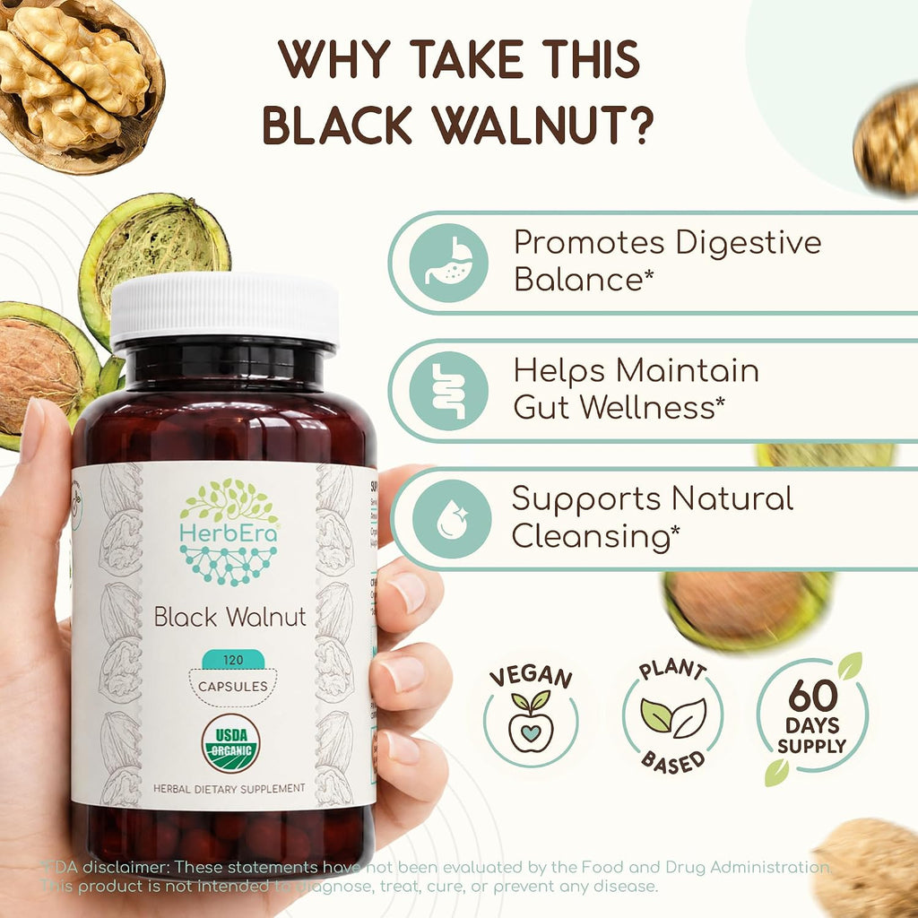 HerbEra Black Walnut 500 mg - Cápsulas Veganas Orgánicas USDA - Apoyo Digestivo y Antioxidante (120 Cápsulas)