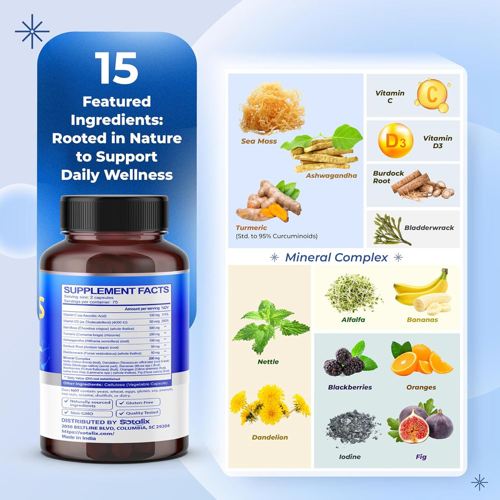 Sotalix Sea Moss Cápsulas con Ashwagandha, Cúrcuma y Complejo Mineral - 150 Cápsulas