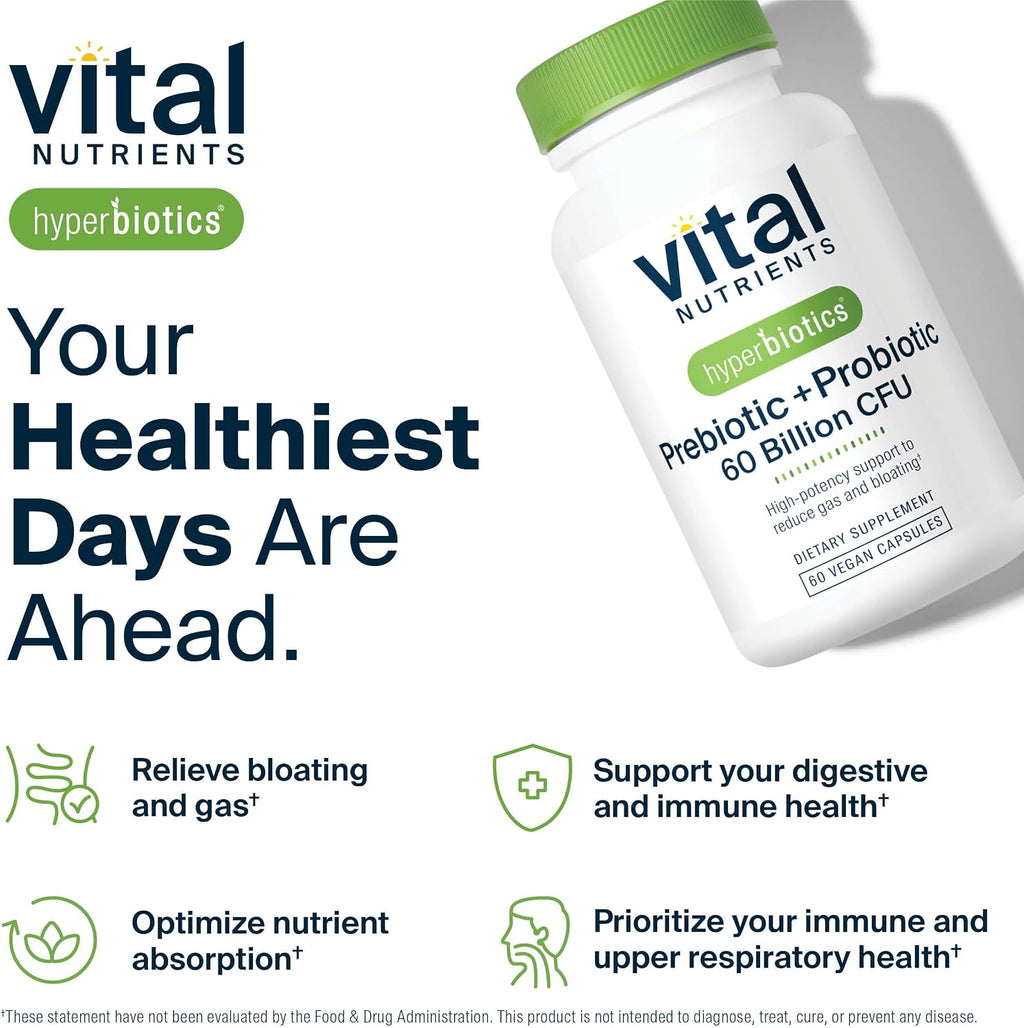 Hyperbiotics Vital Nutrients Prebiótico y Probiótico para Mujeres y Hombres | 60 mil millones UFC | Salud Digestiva | 60 Cápsulas Veganas