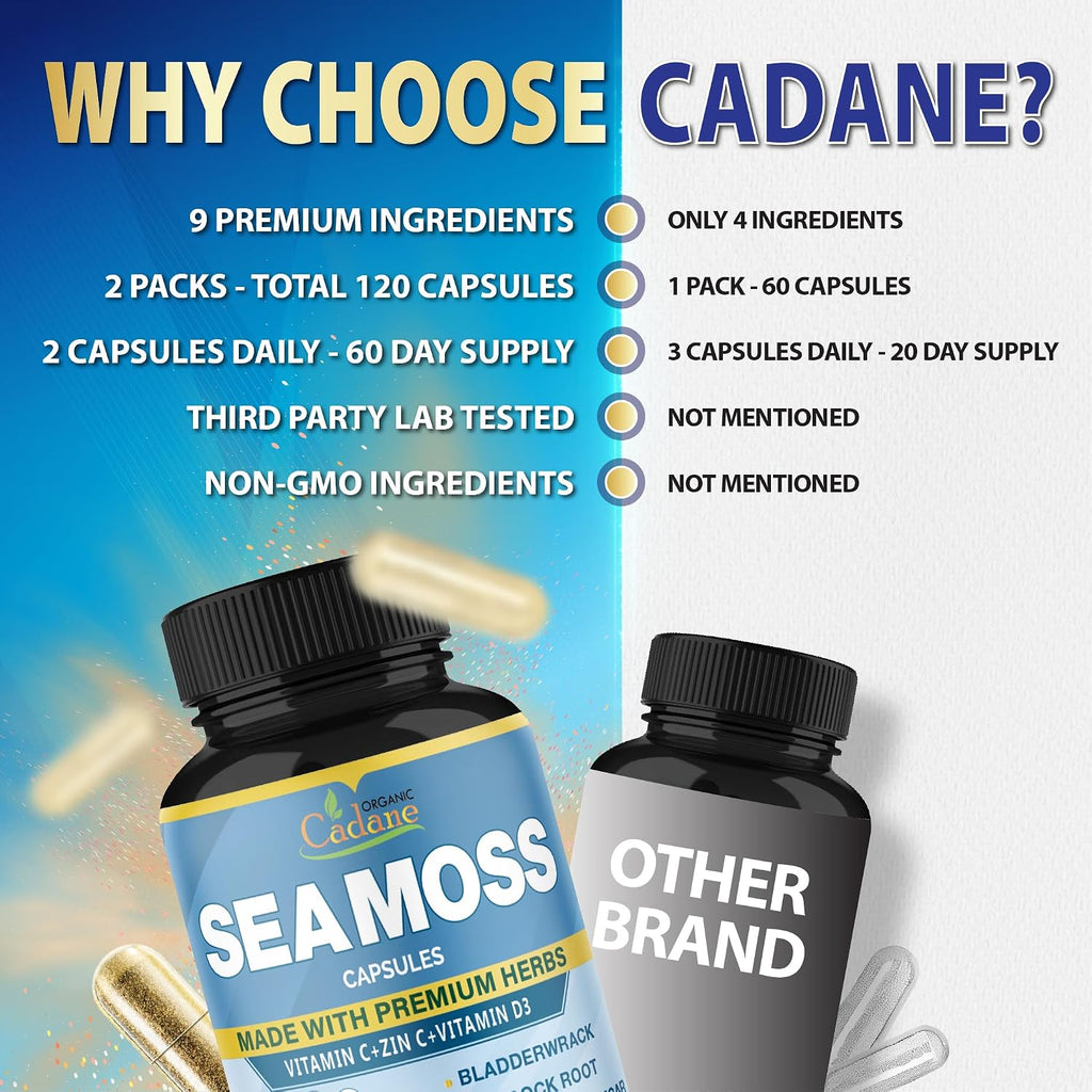 Organic Cadane - Cápsulas de Musgo Marino Orgánico con Vitamina C, D3 y Zinc (2 Envases)