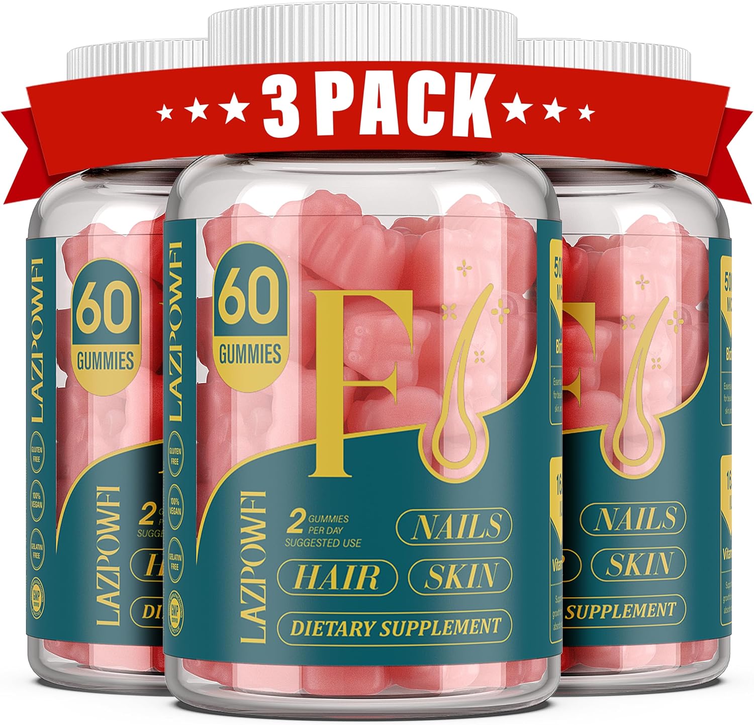 Gomitas de Biotina para el Cabello, Piel y Uñas - 3 Pack (90 Días) - Vegano - Sabor Frambuesa