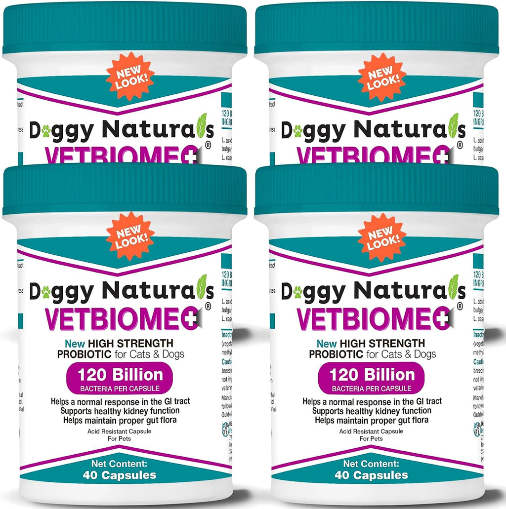 Vetbiome Plus Probióticos de Alta Potencia para Mascotas (160 Cápsulas) - 120 mil millones UFC, Fórmula de 9 Cepas - Probado por Terceros - Fabricado en EE.UU.