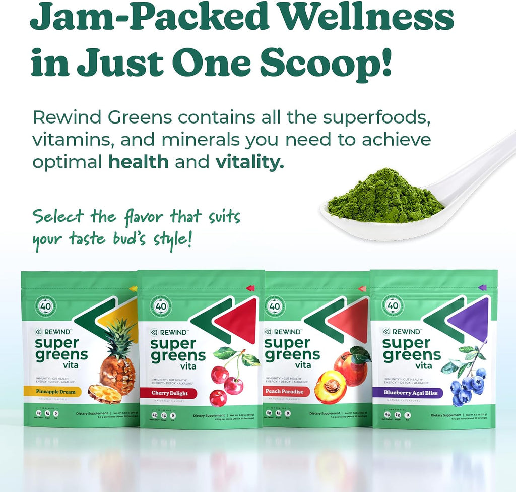Rewind Best Tasting Super Greens Powder - Sabor Melocotón - 40+ Superalimentos con Vitaminas y Minerales