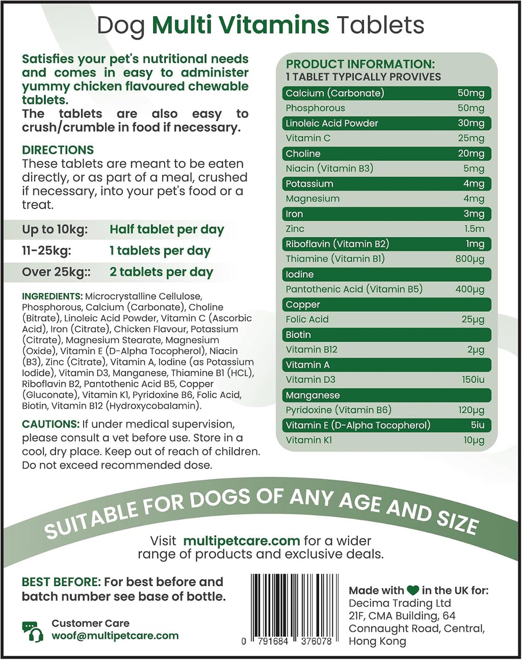 Multivitamínico 22 en 1 para perros - Vitaminas y minerales con calcio, zinc, hierro y complejo B | Apoyo inmunitario, piel, huesos y energía | Sabor pollo | 120 comprimidos