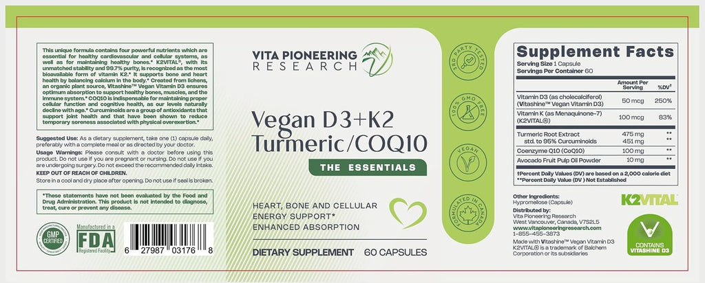 Vita Pioneering Research 5-en-1 Vitamina D3 2000UI + K2 MK-7 con Cúrcuma y CoQ10
