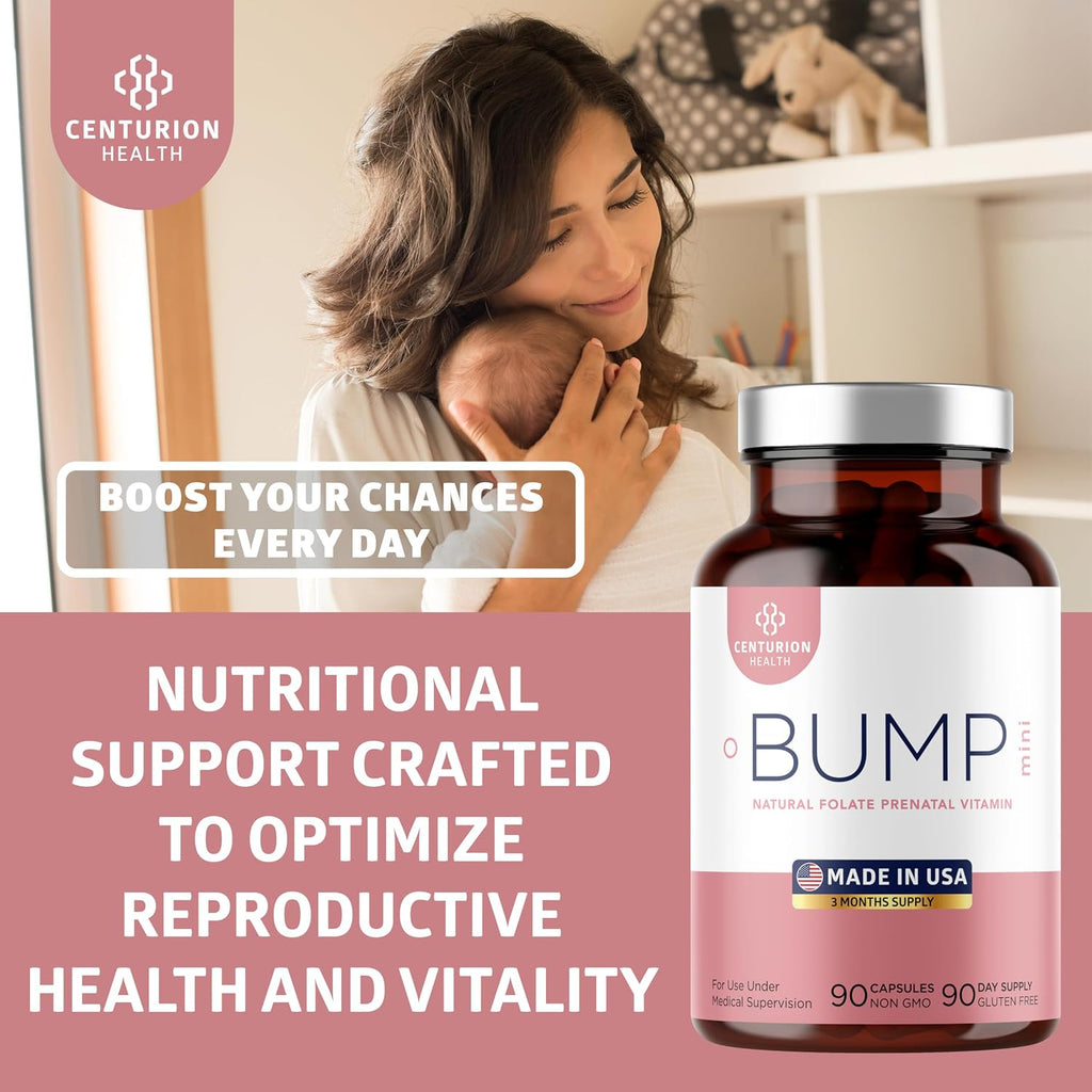 Centurion Health Bump Mini Vitaminas Prenatales Completas para Mujeres con Folato, Colina, Hierro Carbonilo, Zinc, Vitamina D3 y Vitamina B12, 90 Cápsulas