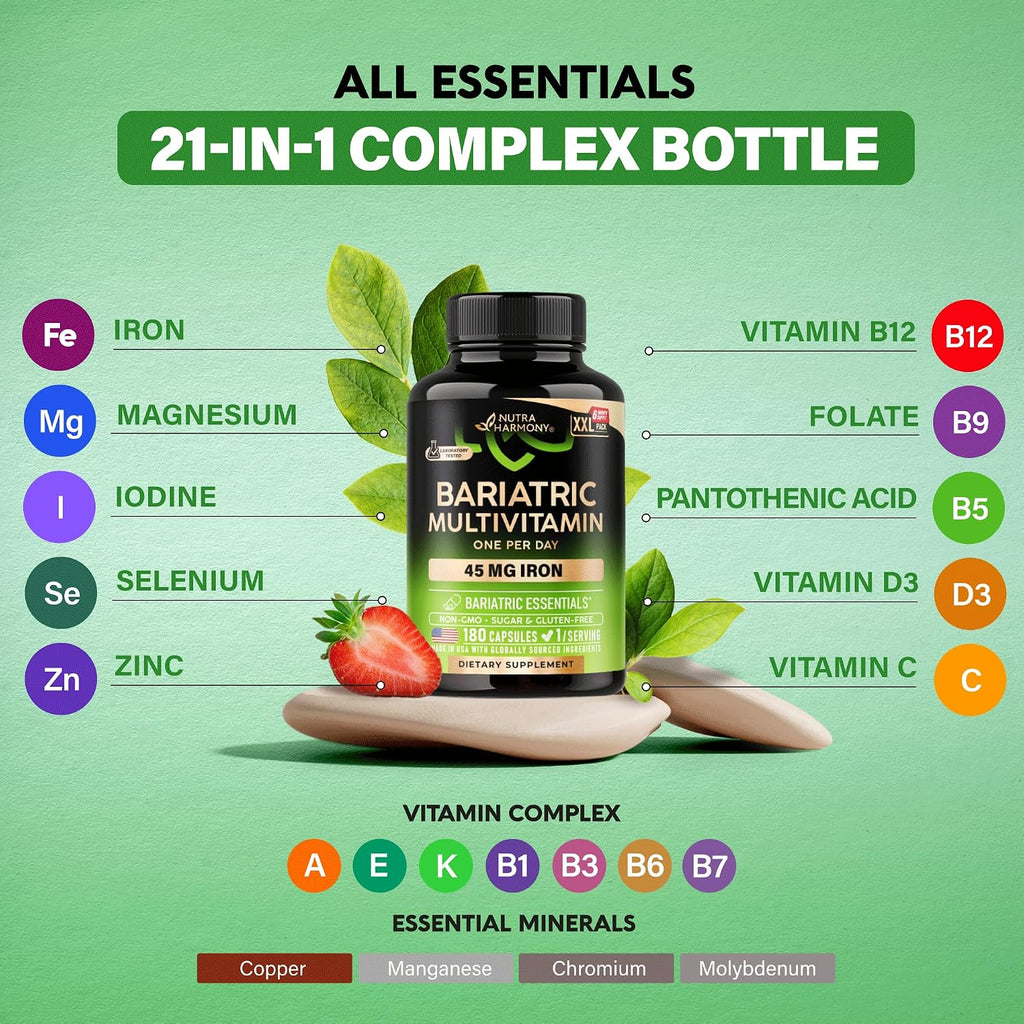 NUTRAHARMONY Multivitamínico Bariátrico con Hierro, 45 mg, 180 Cápsulas - Una Vez al Día