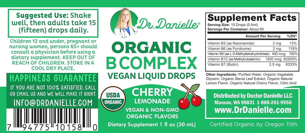 Complejo B Orgánico Líquido Gotas | Suplemento de Vitaminas B con B3, B6, B7, B9 y Metil B12 Gotas para Adultos y Niños | Sabor Cereza Vegano 1 oz | 60 Porciones / 2 Meses Suministro