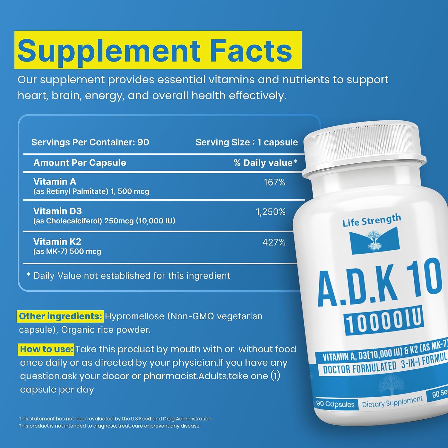LifeStrength ADK 10 - Vitaminas A1, D3 y K2 (MK-7) - 90 Cápsulas