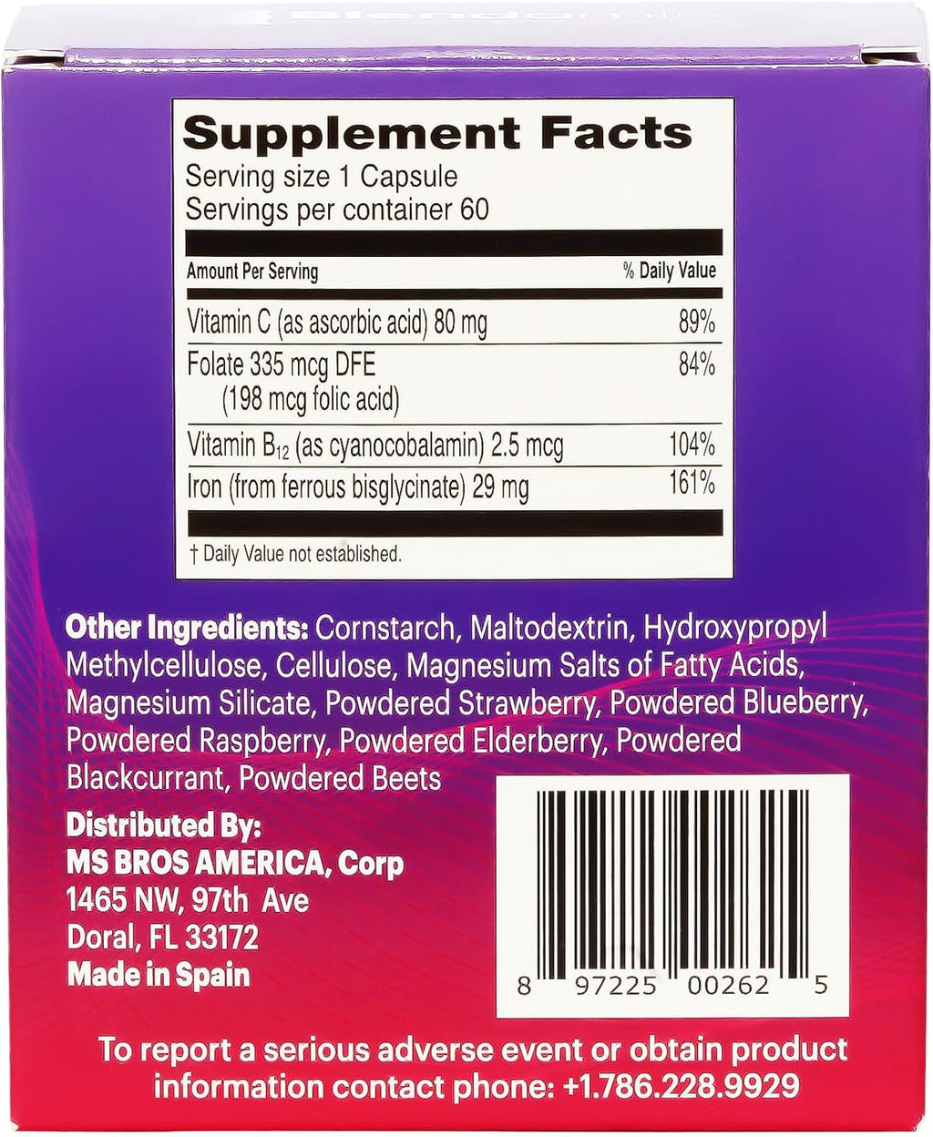 Blendamin Hierro Gluconato Ferroso con Vitaminas B12, Ácido Fólico y Vitamina C - 60 Cápsulas